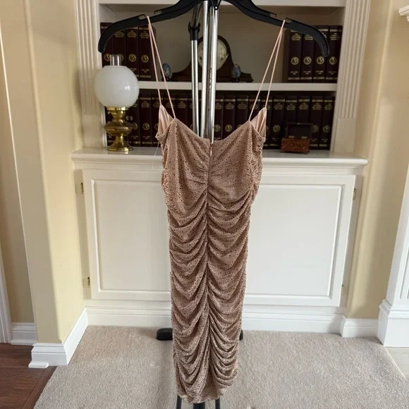 OH POLLY In the Spotlight" Ruched Mesh Embellished Mini Dress in Gold - Picture 4 of 5